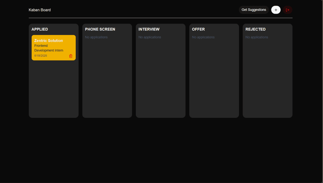 Built a Kanban-style job application tracker that uses AI to extract structured information directly from job descriptions. Users can paste a job posting, and the system automatically identifies details such as company, role, location, and requirements before creating a new board entry. Implemented drag-and-drop workflow management, persistent state updates, and an intuitive application pipeline across stages like Applied, Interviewing, and Offer.