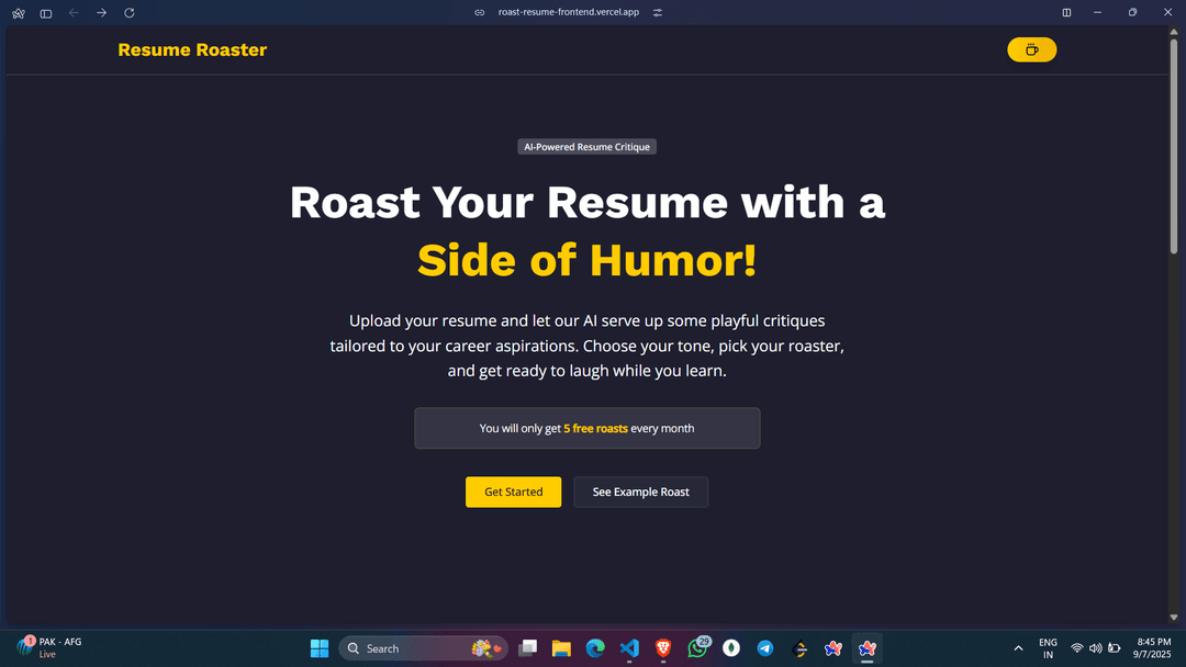 Built Resume Roast, an AI-powered resume review platform that delivers brutally honest yet actionable feedback, helping users improve their resumes through engaging and memorable critiques.