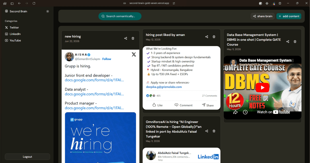 Built an AI-powered knowledge management platform that lets users save content from YouTube, Twitter/X, LinkedIn, and websites. Implemented semantic search using vector embeddings, enabling natural-language retrieval of saved content without relying on exact keywords.